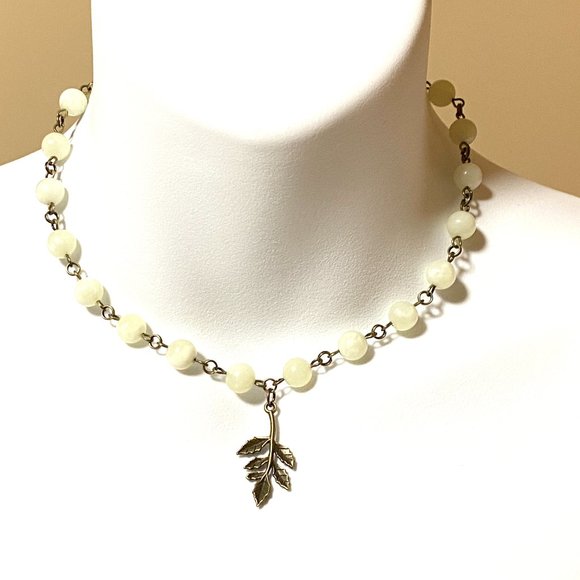 Natural Pale Green Serpentine Necklace, Bronze Leaf Branch + Genuine Gemstone - Picture 2 of 14